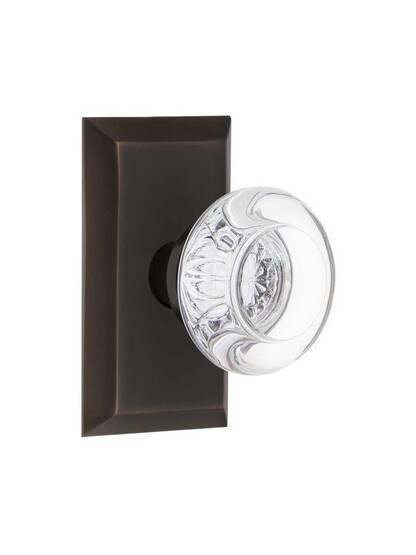 New York Rosette Door Set with Round Clear-Crystal Glass Knobs in Timeless Bronze.